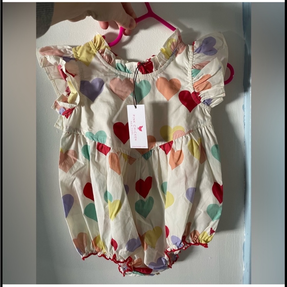 Pink Chicken Heart Patterned Bubble Romper